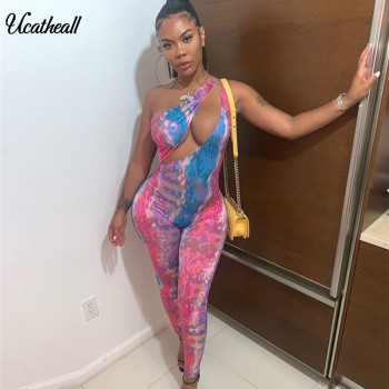  Bodycon Jumpsuits Sexy Sheer Hollow Out Shoulder Jumpsuit Rompers Women Sleeveless Print 